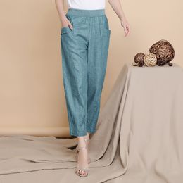 Women's Pants Capris Middle-aged Lady Elastic Waist Loose Casual Pants Summer Women Linen Harem Pants Pocket Thin Female Trousers 230418