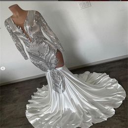 Beautiful Silver Sequin Prom Dress For Black Girl Chic Long Sleeve Mermaid Evening Dresses For 16 Birthday Formal Party Occasion Graduations 2023 vestidos de noche