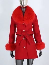 Women's Wool Blends Real Fur Coat Winter Jacket Women Natural Fur Collar Cuffs Belt Cashmere Wool Woollen Ladies Outerwear Streetwear 231117