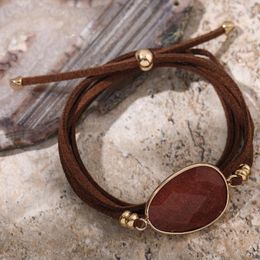 Charm Bracelets Boho Geometric Natural Stone Leather Bracelet For Men Women Vintage Gold Colour Beads Rope Chain Layered Summer Jewellery