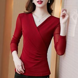 Women's T Shirts Spring Autumn Wrap Mesh Shirt Women V-neck Long Sleeve Femme Tight Office Lady Elegant Irregular Tee Solid Color