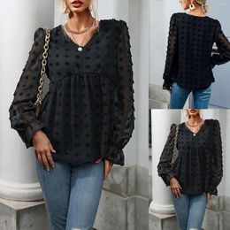 Women's Blouses Linen Shirt Women Fashion Trend Solid Color V Neck Loose Top Pullover Mesh Long Sleeve Black Ally A Star Is