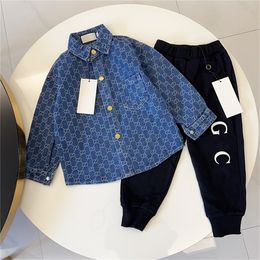 Children's designer classic long-sleeved denim jacket + working pants new male and female baby plaid children's leisure brand suit size 90-150cm g2