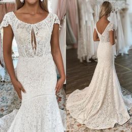 2023 Boho Lace Wedding Dresses Bridal Gown Mermaid Cap Sleeves Ruffles Sweep Train Plunging V Custom Made Country Plus Size Vestido De Novia 403 403