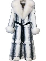 Women's Fur Faux Women Winter Fashion Real Coat Xlong Natural Rabbit Jacket With Collar Cuffs Ladies 231117