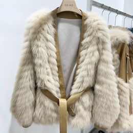 Women's Fur Faux Fur Maylofuer Strip Craft Real Fur Coat Women's Luxury Fur Jacket Cardigan With Belt Real Sheepskin Stripe Pattern 231117