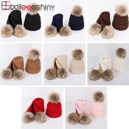 Caps Hats Balleenshiny Kids Hats and Scarves Sets Winter Knitted Warm Nature Fur Pom Hat Scarf Thick Beanies Hats Caps Kids Baby Bones 231115