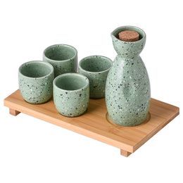 Japanese Speckled Stoneware Sake Drinkware Set with Ceramic Bottle Decanter 4 Shot Glasses Bamboo Serving Tray for Sushi Restaurant