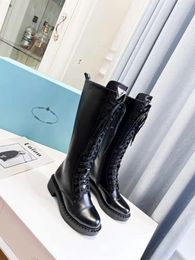 High quality cowhide knee boots black real leather flat heels triangle mark buckle long boot women designer winter Lace-up motorcycle boots