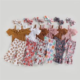 Clothing Sets Summer Baby Girls Outfit Set Short Sleeve Off-Shoulder Romper With Cow Head Flower Print Flare Pants Headband 3pcs Clothes