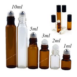 5PC/Pack 1ml 2ml 3ml 5ml 10ml Amber Thin Glass Roll on Bottle Sample Test Essential Oil Vials with Roller Metal /Glass Ball Refillable Bottles AccessoriesRefillable