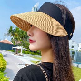 Wide Brim Hats Fashion Straw Empty Top Hat For Women Summer Big UV Protection Sun Nylon Fastener Tape Adjustable Collapsible Beach Cap