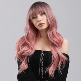 Synthetic Wigs Long Ombre Pink with Bangs Heat Resistant Wavy For Women Natural Hair for Cosplay Daily Party 26 Inch 230417