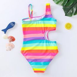 2022 Girls Swimsuit One Piece Striped Cut-out Swimwear 3-10years Oblique shouldered Bathing Suit Rainbow Children's Swimwear SwimOne-Piece Suits swimwear girls