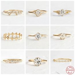 925 Sterling Silver Gold Single Round Zircon Crystal Rings Women Cubic Zirconia Jeweled Leaf Loop Wedding Engagement Ring Fine JewelryRings