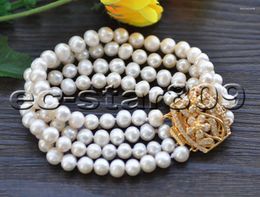 Strand P7535 4Row 8mm Round White Freshwater Pearl Bracelet CZ Women