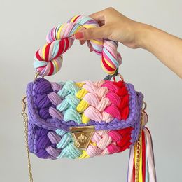 Evening Bags Multi Colour Handbags Beach Yarn Purse Woven Shoulder Colourful Rainbow Luxury Crochet Bag Handmade 230417