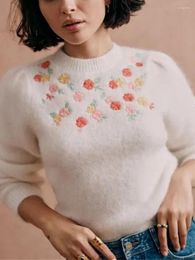 Women's Sweaters Spring Summer Sweater Women Wool Mohair Blended Floral Embroidery White Short Sleeve