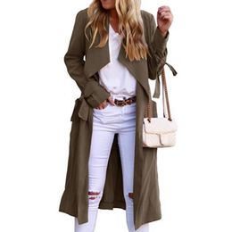 Women's Jackets Long Trench Women Solid Colour Sleeves Overcoat with Belt Prevent Wind Pockets Cardigan Casual Autumn Jacket 230418