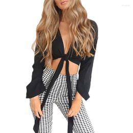 Women's Blouses Womens Ladies Lace Up Satin Tie Knot Front Flared Sleeve Plunge Neck Crop Top F42F