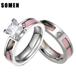 Wedding Rings 2Pcs Pink Tree Camo Inlay Titanium Couple Ring Set Women Cubic Zirconia Band Men Engagement Jewellery Lover Alliance