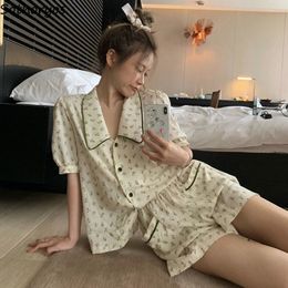 Women's Sleepwear Pyjama Sets Women Floral Design Casual Simple Turn-down Collar Summer Sleepwear Pockets Fashion Tender Korean Style Home Cosy 230418