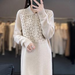 Basic Casual Dresses POLO neck embroidered cashmere sweater knit dress women's autumn and winter long knee-length sweater skirt loose slim dress 231117