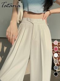 Women's Pants Capris Wide Office Trousers for Women High Waist White Straight Stacked Pants with Pockets Double-button Classic Women's Trousers 230418