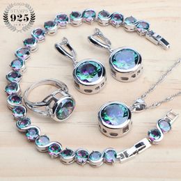 Wedding Jewelry Sets 925 Sterling Silver Bridal Women Natural Magic Rainbow Zircon Earrings Ring Bracelets Pendant Necklace Set 231118