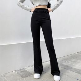 Women's Pants Capris AllMatch Women Fashion Elastic Waist Black Flared Pants Solid Color High Waist Wide Leg Trousers Casual Hipster Streetwear 230417