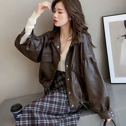 Women's Leather Faux Autumn Trendy Jacket Women Korean Style Loose Short Lapel PU Coats Casual Allmatch Top Fashion Jackets Woman 230418