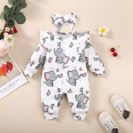 Rompers 0-18Months Rompers for borns Long Sleeve Baby Girl Jumpsuit Cute Elephant Print Infant Baby Bodysuit Toddler Girl Clothes 230418