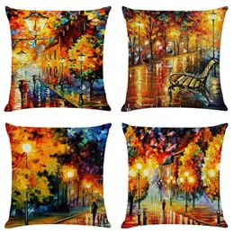 Pillow 45x45cm Oil Painting Polyester Linen Cover Beautiful Night Scenery Case Home Decorative For Sofa Car