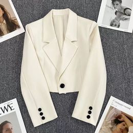 Women's Suits Blazers Korean Single Button Blazer Woman AllMatch Long Sleeve Office Short Suit Jacket Ladies Solid Turndown Collar Crop Tops 230418