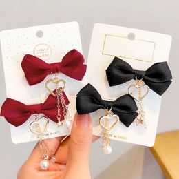 2pcs Fabric Bow Hair Clips Cute Heart Pearl Pendant Hairpins Women Girl Side Bangs Clip Sweet Headwear Hair Accessories