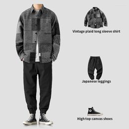 Men's Tracksuits Fashion Original Men's Clothing Autumn And Winter Japanese Plaid Brushed Shirt Loose Thickened Warm Long Sleeved