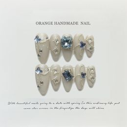 False Nails Fake With Rhinestones Almond Full Cover Designed Handmade High Quality Wearable Press on 3d Diamond Y2k 230417