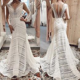 2023 Boho Wedding Dresses Bridal Gown Lace Mermaid Long Sleeves Beaded Ruffles Sweep Train Covered Buttons Back Custom Made Country Plus Size Vestido De Novia 403