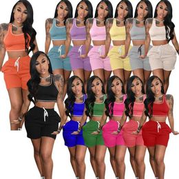 New Solid Casual Women Tracksuits Designer 2 Piece Short Set Sexy Crop Tank Top Vest And Shorts With Pockets Sports Suit Sportwear
