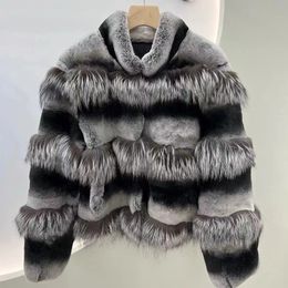 Women's Fur Faux 2023 Female Winter 100 Real Rex Rabbit natural fur coat with chinchilla Coloured hood thickened for warmth 231117