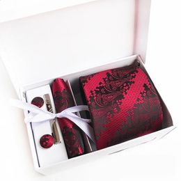 Neck Ties For Men Luxury Tie Set Gift Box Jacquard Necktie Pocket Square Clip Cufflinks Handkerchief Corbata 231118