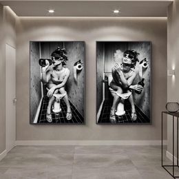 Nordic Canvas Art Posters And Prints Sexy Girl Sit a Toilet Black White Woman and Drink in Restroom Picture Poster