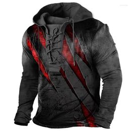 Men's T Shirts Spring Autumn Vintage Men Hooded Shirt V-Neck Lace-up Long Sleeve Tshirt Casual Clothes Loose Oversized Homme Male Tee Top