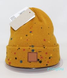 Autumn and Winter Ink Jet Hole Leather Label Double-layer Warm Wool Beanie Skull Caps Outdoor