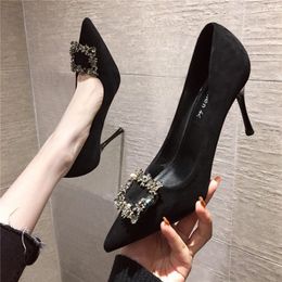 Dress Shoes Women Mid Heeled Sandals Black Square Buckle Pointed Thin Heeled Baotou Banquet High Heeled Shoes Womens Shoes Tacones Mujer 230418