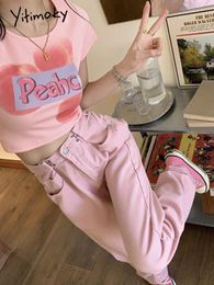 Women's Jeans Cotvotee Pink High Waisted Jeans for Women Adjustable Waist Jeans Woman Summer Streetwear Wide Leg Pants Casual Mom Jeans 230417