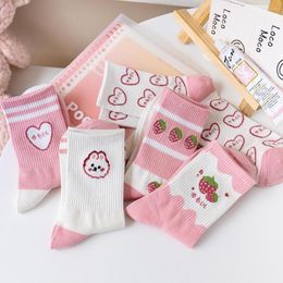 Women Socks Women's Middle Tube Cute Pink Cotton Trend Strawberry Sweet Love Girl 2023 Designer Kawaii