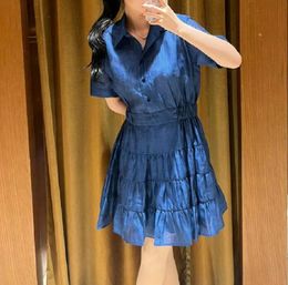 Casual Dresses Sandro French Style Blue Fitted Pleated Collared Short Sleeves Dress for Women
