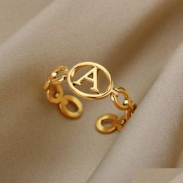 Band Rings Hollow Initial Letter Rings For Women Stainless Steel Gold Color Link Adjustable Ring Female Wedding Aesthetic Je Dhgarden Otkos