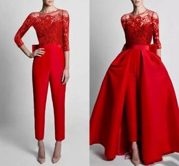 Jumpsuits Red Evening Formal Dresses Detachable Train Half Sleeve Top Lace Satin Women's Formal Prom Gowns 2023 Robe De Soiree